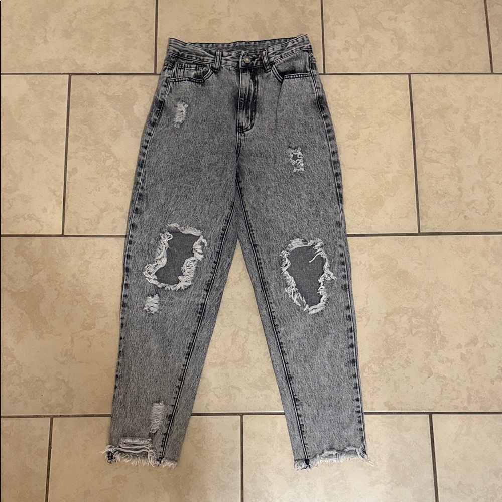 SHEIN Black and White Ripped Boyfriend Jeans